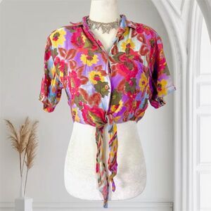 Vintage 90s 1991 Colorful Boho Hippie Floral Flower Front Tie Crop Top Blouse S